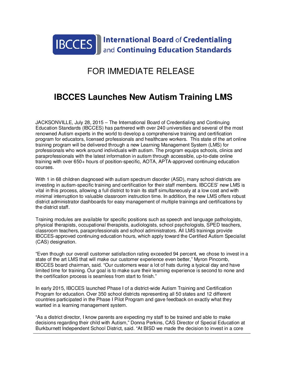 PR - 072815 - IBCCES Launches New Autism Training LMS - IBCCES