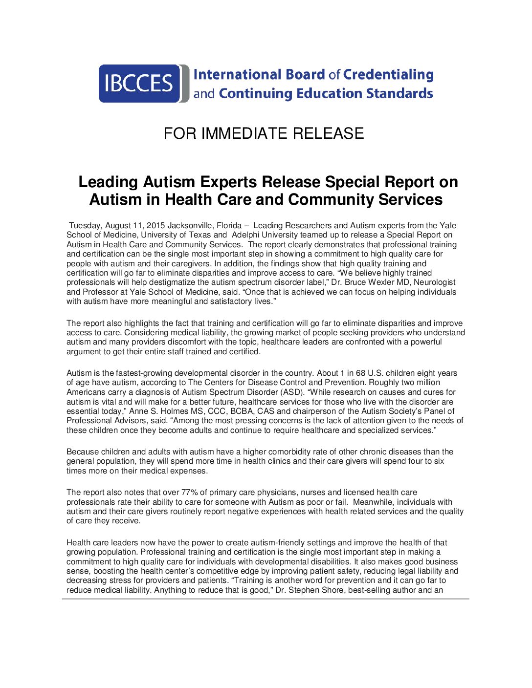 PR 081115 Leading Autism Experts Release Special Report on Autism