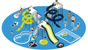 People at Water park on tubs, slides and swimming - vector