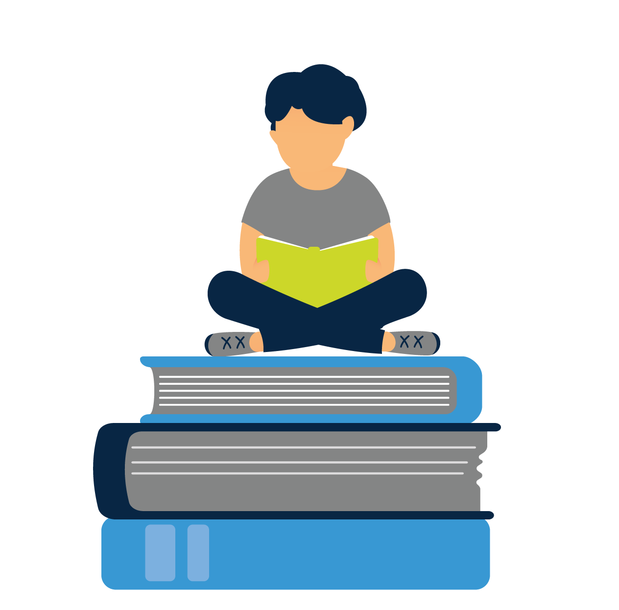 student reading on top of other books