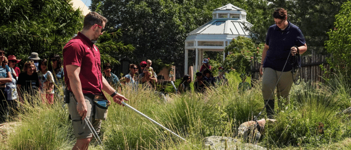 Two individuals in a garden setting engage with wildlife while a crowd observes nearby, with a gazebo in the background.