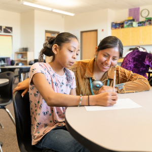 A teacher assists a middle school student