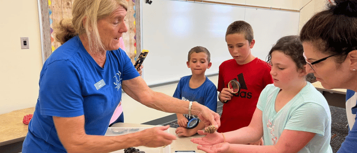 A teacher shows a small object to three children and another adult in a classroom setting, engaging them in a hands-on activity.