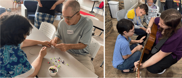 Two images: left, adults making beaded crafts; right, children learning guitar from an instructor seated on the floor.